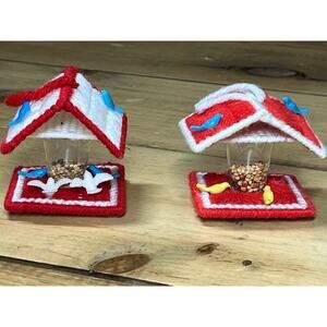 Two Vintage Christmas Ornaments. Crochet Bird Feeders w/ plastic birds.red/white